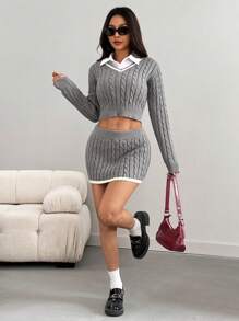 SHEIN EZwear Set de 2 piezas de suéter texturizado corto con cuello en V de color contrastante + Mini falda suéter de color contrastante a la altura de la cintura para mujeres, primavera/otoño