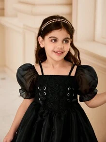 SHEIN Glamorique Kids Young Girl Solid Color Mesh Panel Short Sleeve Casual Dress