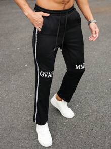 Manfinity Homme Calça de Moletom Casual Reta, Solta, com Estampa de Letras, Cordão de Ajuste na Cintura e Bolso com Zíper para Homens - Preto - Visão 5