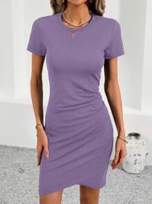 SHEIN LUNE Tight-Fitting Short Sleeve Black T-Shirt Dress For Women, Ideal For Summer Music Festivals