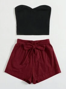 SHEIN VCAY Conjunto de 2 piezas de top tubo y shorts estilo bohemio casual de vacaciones para mujer de talla grande, para el verano