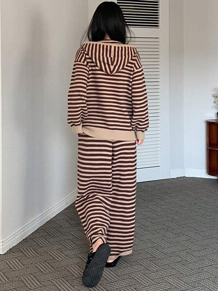 Winter Simple Stripe Hoodie Cardigan And Loose Fit Pants Loungewear Set