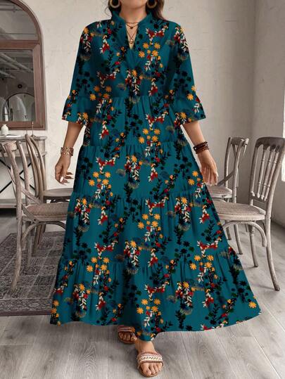 EMERY ROSE 大码优雅碎花 V 领休闲连衣裙，海军蓝