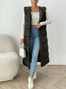 EURMUSE Autumn/Winter Casual Sleeveless Long Hooded Padded Coat - Army Green - View 5