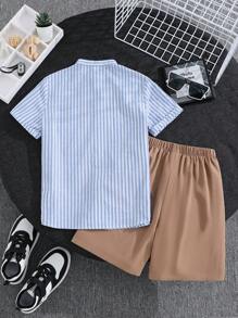 2 peças Conjunto de Camisa Social de Manga Curta com Gola Listrada e Shorts Lisos Tecidos para Meninos/Adolescentes, Versátil - Multicolorido - Visão 5