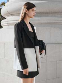 BizChic Blazer de costume en contraste noir et blanc, tenue de bureau élégante pour femmes, décontractée pour le printemps et l'été - Noir et Blanc - Voir 3