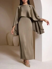 Veilorie 2 件套：优雅纯色披肩上衣和细肩带连衣裙，适合女士端庄 - 軍綠色 - 查看 7