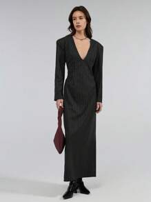 Ontre Women's 2025 New Black & White Striped Spring Dress, Fashionable Commuter & Business Attire With Oversized Shoulder Design - Black and White - View 1