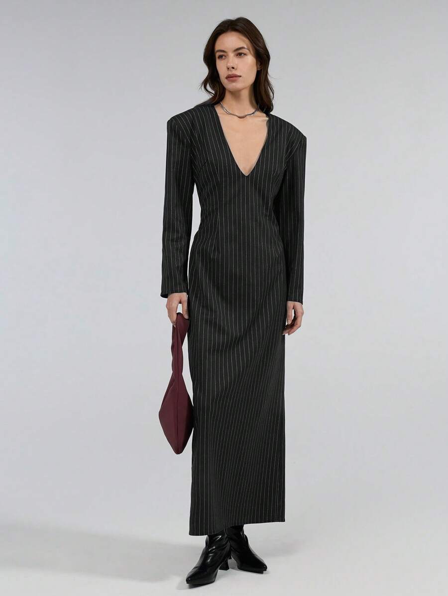 Ontre Women's 2025 New Black & White Striped Spring Dress, Fashionable Commuter & Business Attire With Oversized Shoulder Design - Black and White - View 1