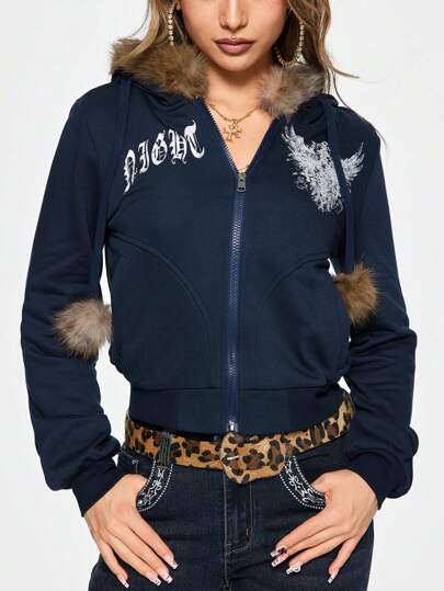 Grunge Punk Sweat-shirt à capuche ajusté de style vintage subculture Y2K avec impression d'aile pour femmes