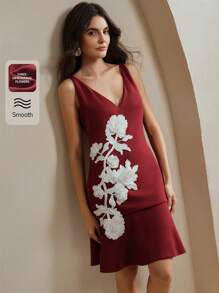 Anewsta Vestido elegante color borgoña con escote en V, sin mangas y corte de sirena con detalles florales