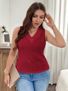 SHEIN LUNE Plus Size V-Neck Casual Soft Tank Top - Burgundy - View 4