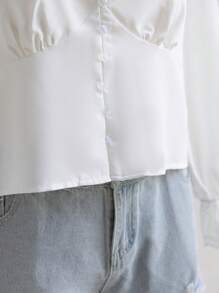 Soleia Women Plus Size White Backless Bowknot Vacation Blouse, V-Neck Embroidered Ruffle Decor Long Sleeve Shirt - White - View 8