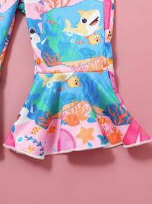 SHEIN Baby Girls Casual Versatile Cute Cartoon Fish & Letter Print Overalls Flared Pants, Suitable For Outdoor, Zoo, Photos, Spring/Summer - Multicolor - View 5