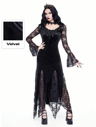 Goth Black Velvet Elegant Gothic Sexy Contrast Lace Applique High Slit Dress For Women, For New Year