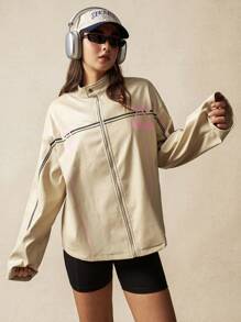 VARSITIE Line Print High Collar Long Sleeves Zipper Women Outdoor Jackets - Apricot - View 2