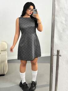 SHEIN EZwear Plus Size Grey Retro Polka Dot Waist Cinched Dress, Spring,Valentine's Day - Grey - View 1