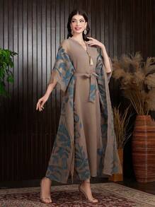 Al Najma Notch V-Neck Mid-Length Sleeve Print Casual Long Robe, Modest Kaftan - Khaki - View 4