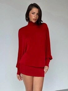 Aloruh 女士性感露背高领闪光面料超短长袖迷你连衣裙 - 紅色 - 查看 3