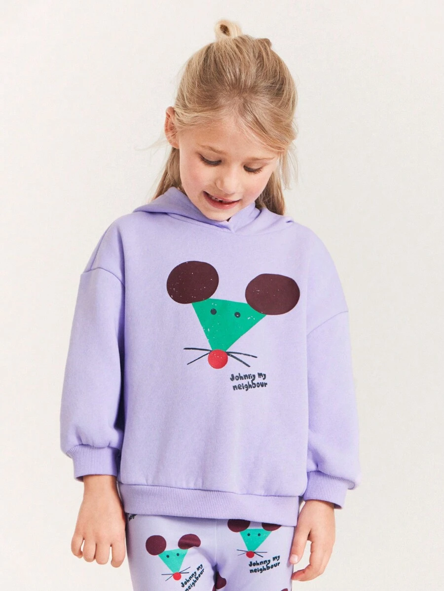 SHEIN Áo nỉ dài tay cổ tròn in hình chú chuột dễ thương cho bé gái, thích hợp cho mùa thu đông - Màu tím - Xem 1