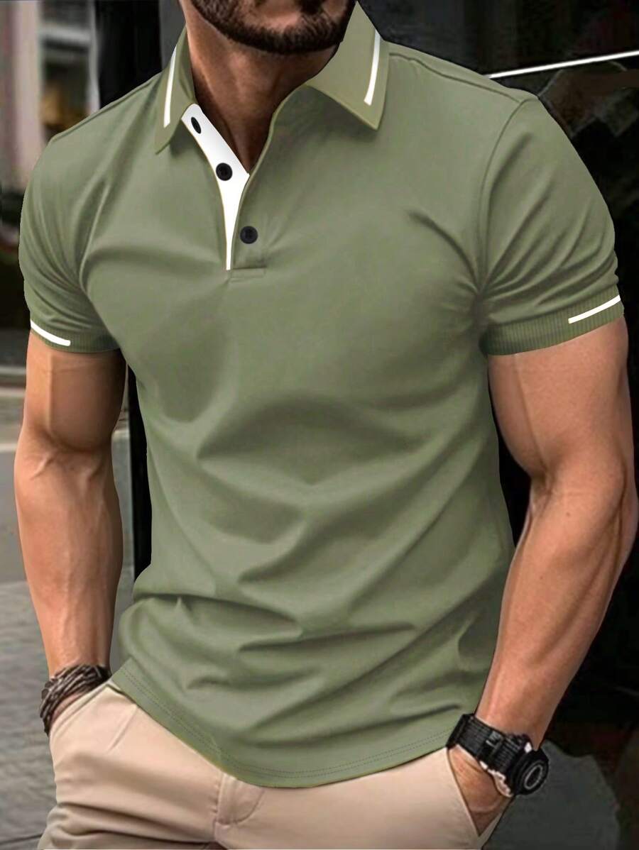 Manfinity Homme Áo thun nam tay ngắn cài nút phía trước màu trơn thường ngày - màu xanh lá - Xem 1
