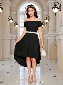 Vestido corto de estilo minimalista para adolescentes, con escote descubierto, cuello elástico y manga corta, de punto y casual - Negro - Ver 4
