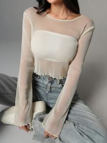 SHEIN EZwear Black Lettuce Trim Sheer Mesh Top Without Tube Top - Apricot - View 5