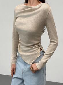 Aloruh Elegant Ruched Trim Asymmetrical Neckline Pullover T-Shirt, Slimming Base Layer Top - Khaki - View 6