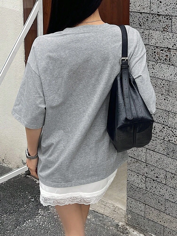 Women Simple Letter Print Short Sleeve Round Neck Casual Top, For Daily Wear Graphic Tee
