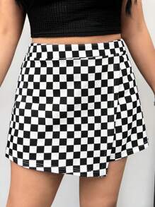 SHEIN EZwear Plus Size Women's Checkerboard Black And White Print Wrap Culottes For Summer - Black and White - View 1
