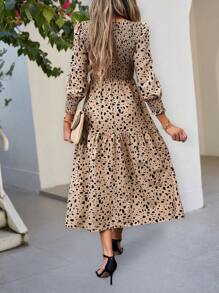 SHEIN LUNE Dalmatian Print Ruffle Hem Shirred Dress Maxi Women Outfit - Khaki - View 2