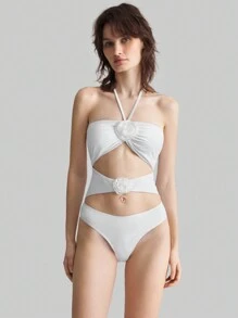 Ontre 女士3D立体花卉装饰白色纯色连体度假浪漫简约休闲日常泳衣 - 白色 - 查看 1