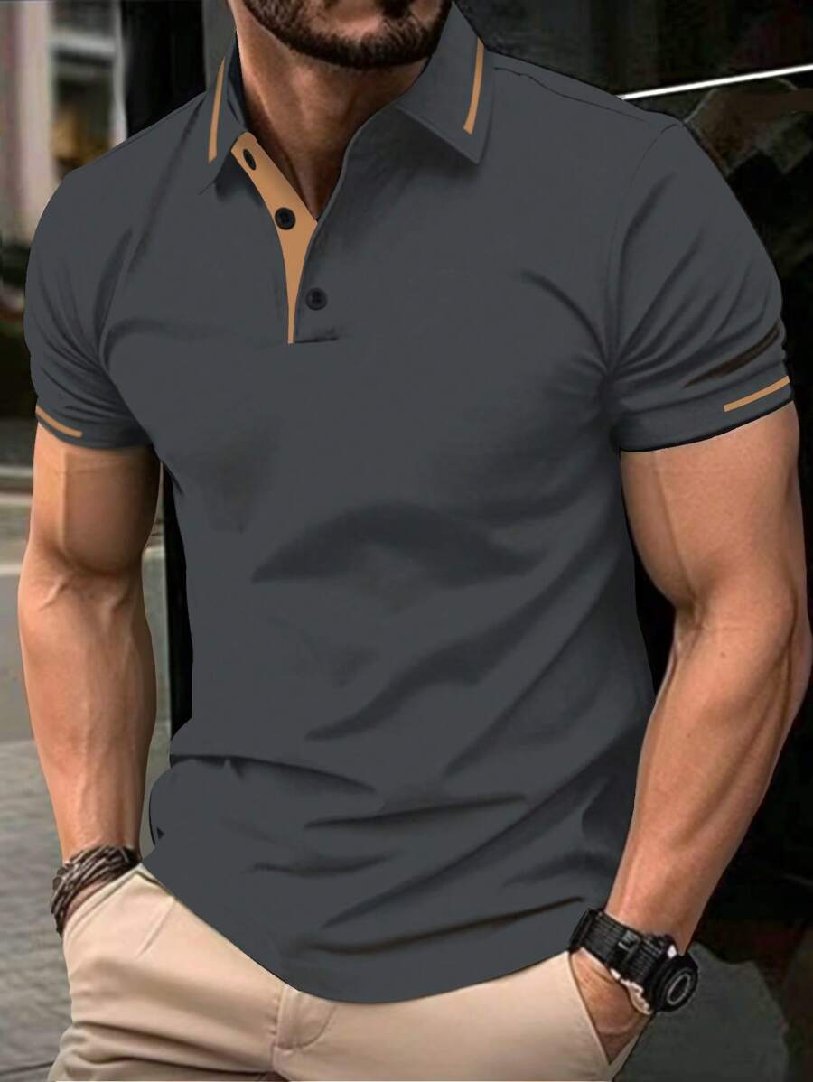 Manfinity Homme Men's Solid Color Patchwork Front Button Short Sleeve Casual Top, Simple And Everyday Wear Men Golf Shirts Casual Men Tops - Grey - View 1