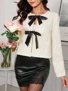 Ellevyn Women's Regular Fit Short Back To School Frenchy Fall Old Money Style Teacher Clothes Coat With Thick Bowknot And Glossy Finish, Apricot - Black and White - View 2