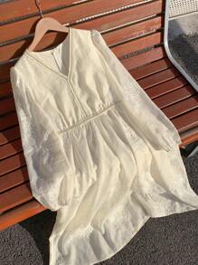 DAZY Vestido de manga abullonada con cuello en V y encaje de contraste, vestido de otoño para mujer