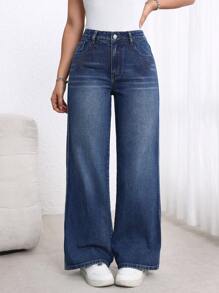 SHEIN LUNE Women's Front Button Pocket Simple Casual Jeans, Daily Wear - Blue - View 1