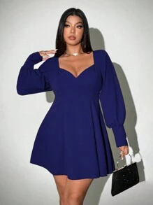 Viva Relle Plus Size Solid Color Sweetheart Collar Long Sleeve Casual Short Dress - Blue - View 4