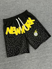 Manfinity Streetrush Shorts casuales rectos con estampado de letras versátil y de moda para hombre, estilo de ropa urbana estadounidense, shorts con gráficos para hombres, ropa de hombre, shorts para hombre