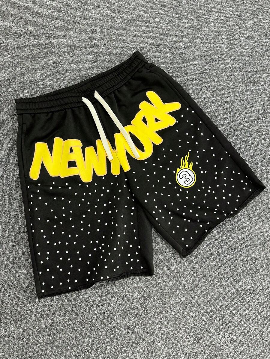 Manfinity Streetrush Shorts casuales rectos con estampado de letras versátil y de moda para hombre, estilo de ropa urbana estadounidense, shorts con gráficos para hombres, ropa de hombre, shorts para hombre