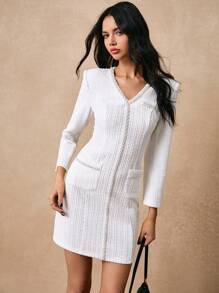 Poéselle Women Elegant Beads Embellished Short Casual Dress, Autumn
