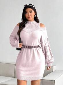 Flirla Popular Plus Size Women Batwing Sleeve Cozy Soft Gray Knit Turtleneck Asymmetric Sweater Dress, Sexy Details For Winter