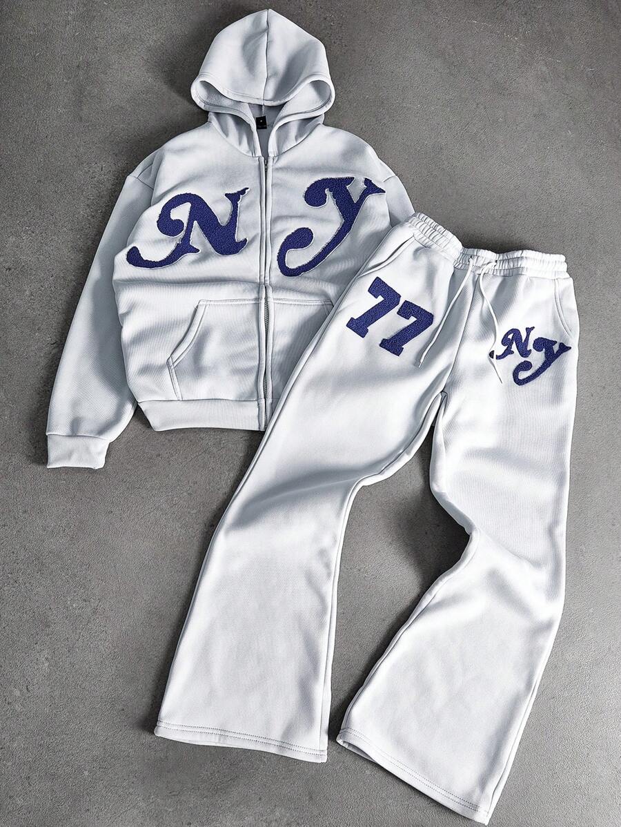 Aesthetic Post 男士街头服饰学院 INS 灰色拉链连帽衫，带有纽约字样，3D 刺绣超大 Lucky 77 设计，搭配喇叭裤。时尚舒适的套装，完美打造休闲造型！秋冬男装，男士运动服，纽约，男士两件套运动服套装男士 2 件套