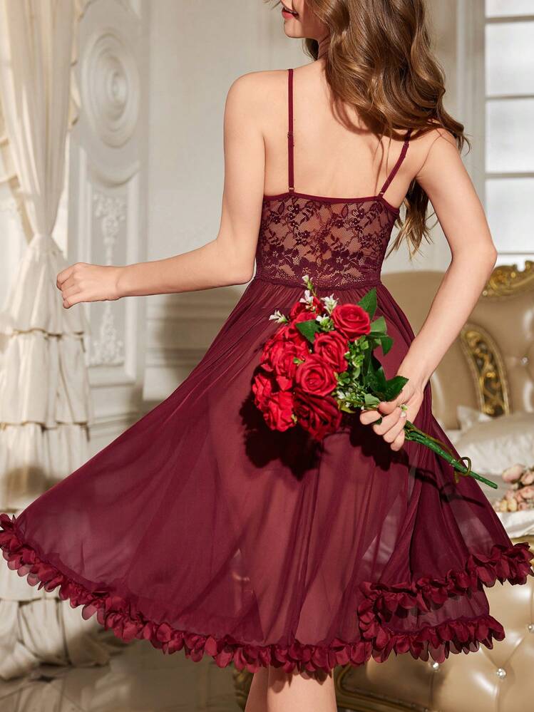 Slumberist 3D Floral Decor Patchwork Lace Mesh See-Through Nightgown Babydoll With Oversized Dress PerfectSummer - Burgundy - View 2