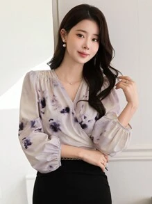 DAZY V-Neck Puff Sleeve Cropped Floral Women Blouse