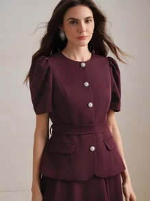 Anewsta Conjunto de vestido de línea A de manga abullonada y cintura ceñida, elegante para ir al trabajo y moderno para el verano, Año Nuevo, Día de San Valentín