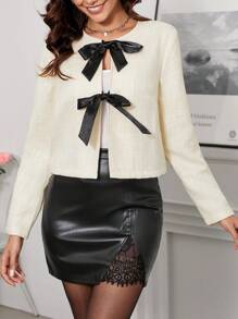 Ellevyn Women's Regular Fit Short Back To School Frenchy Fall Old Money Style Teacher Clothes Coat With Thick Bowknot And Glossy Finish, Apricot - Black and White - View 6