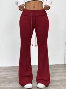 SHEIN EZwear Casual Solid Color Knitted Low Waist Flare Leg Fitted Pants For Women