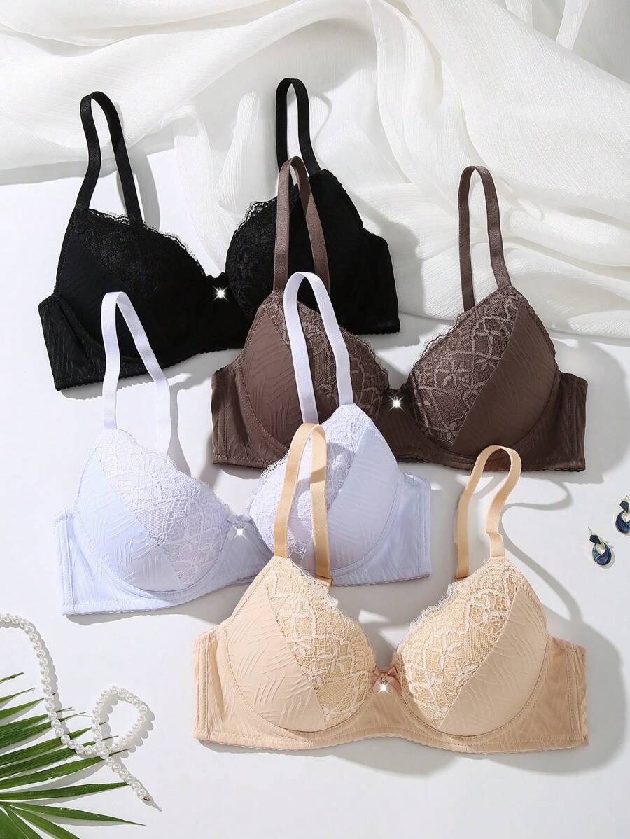 DesireSculpt 4pcs/Set Minimalist Lace Patchwork PushUp Wire Bras For Small Breasts SHEIN UK