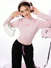 SHEIN 2 件青少年女孩立领长袖修身蝴蝶结褶皱衬衫和直筒休闲裤套装，秋季服装，适合万圣节派对 - 彩色 - 查看 4