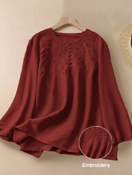 SHEIN LUNE Plus Size Women's Long Sleeve Blouse, Loose Vintage Style Fall Cloth For Women